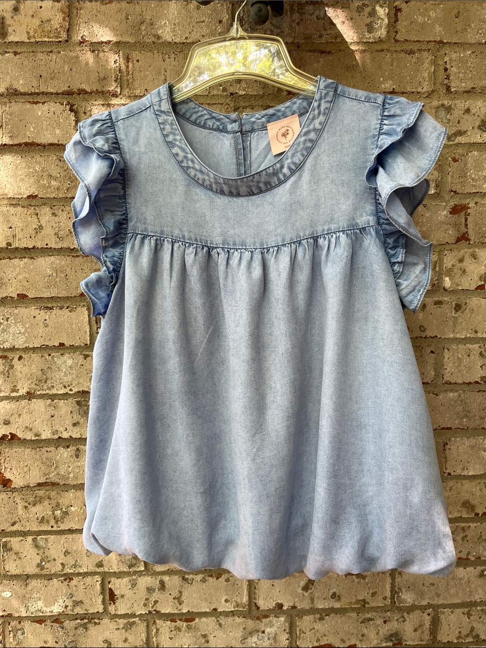 Ruffle Sleeve Top Denim Look Fabric Sz L